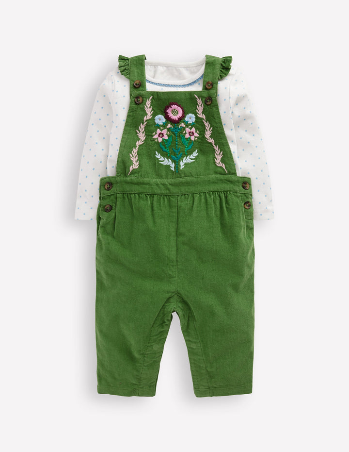 Woven Overalls Set-Broccoli Green Embroidered