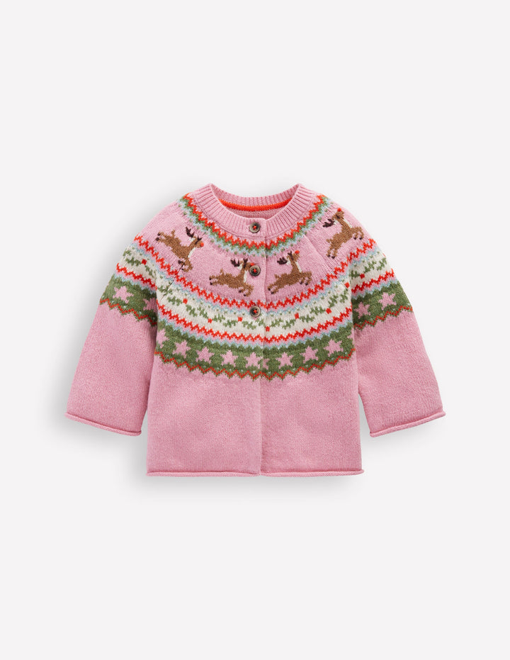 Edie Fair Isle Cardigan-Pink Festive Reindeer
