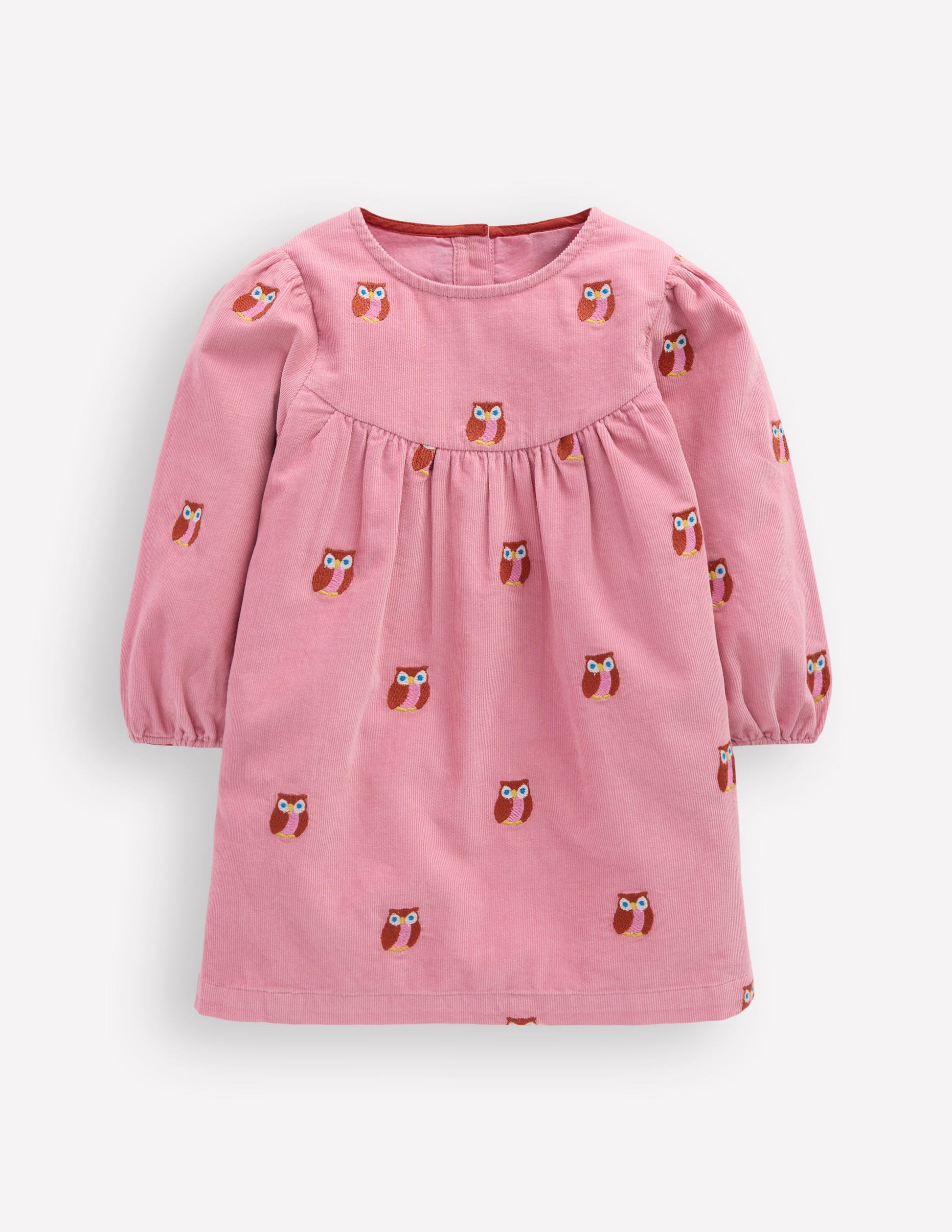 Yoke Detail Woven Dress-Pink Embroidered Owls-1