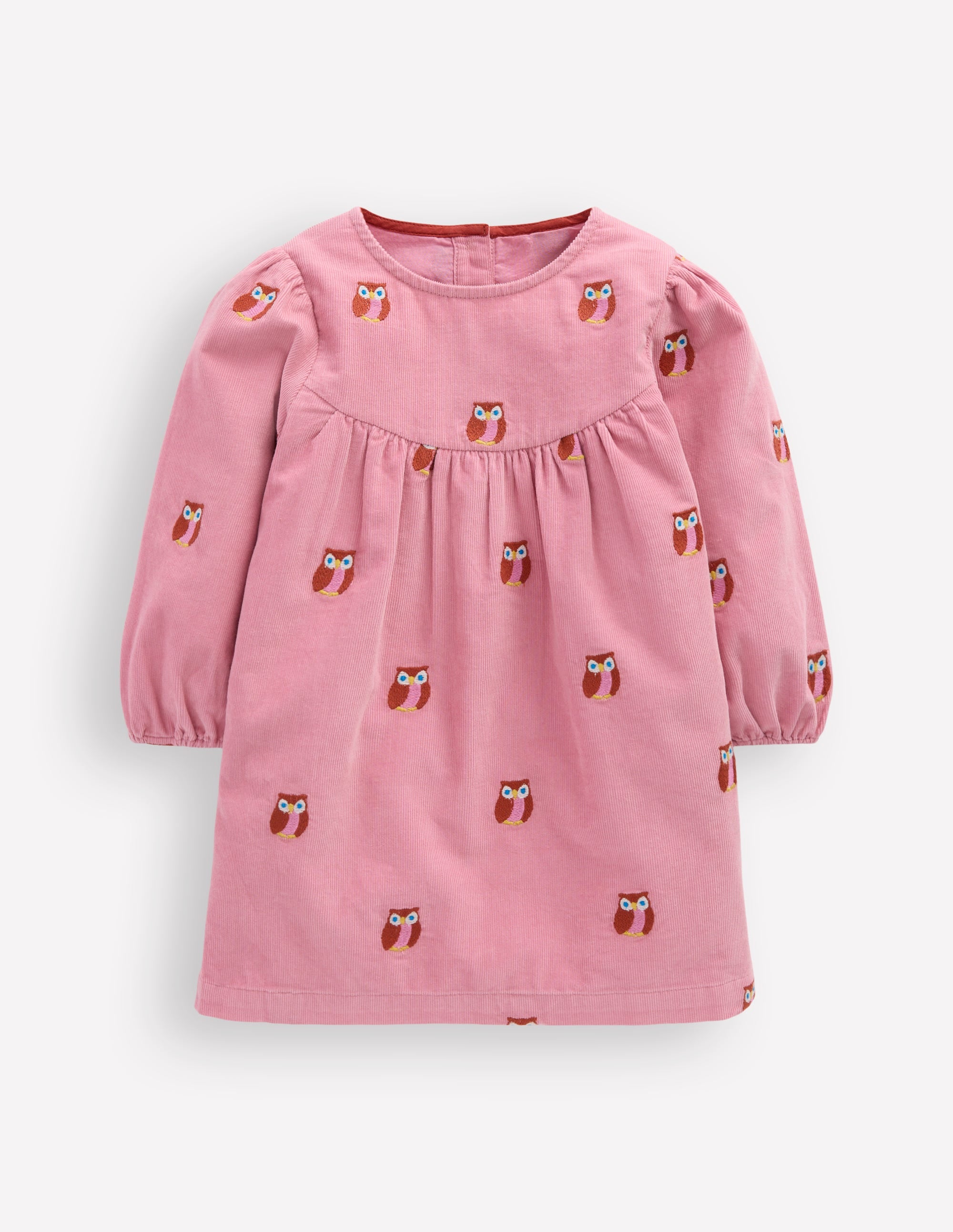 Yoke Detail Woven Dress-Pink Embroidered Owls - Image 1