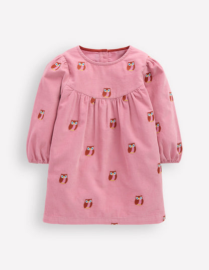 Yoke Detail Woven Dress-Pink Embroidered Owls-1
