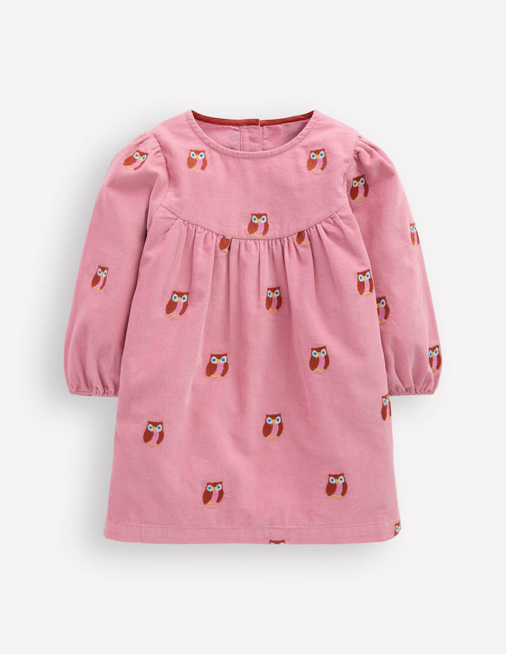 Yoke Detail Woven Dress-Pink Embroidered Owls