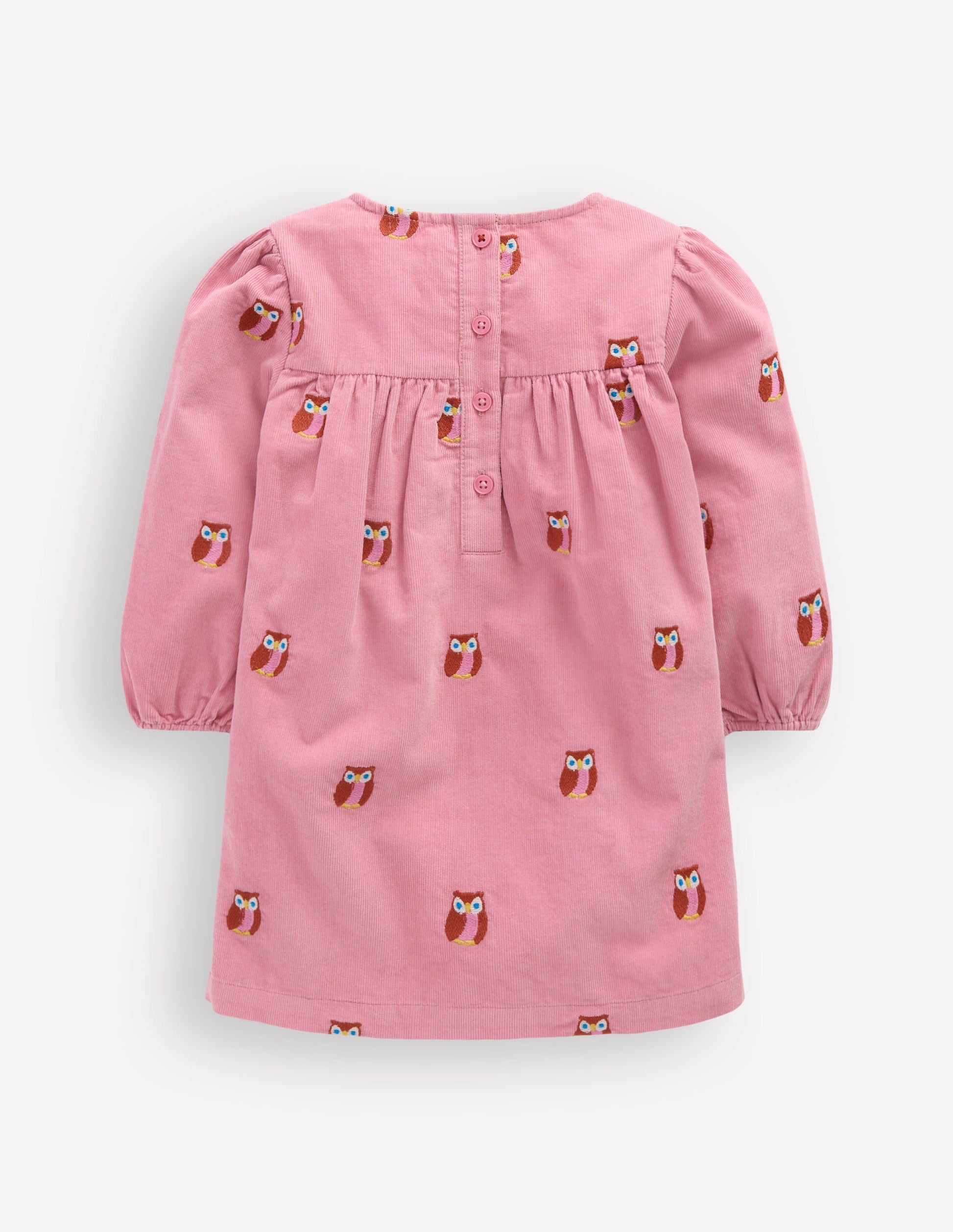 Yoke Detail Woven Dress-Pink Embroidered Owls-2