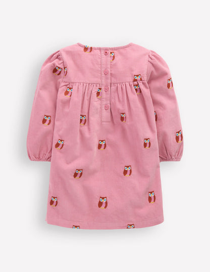 Yoke Detail Woven Dress-Pink Embroidered Owls-2