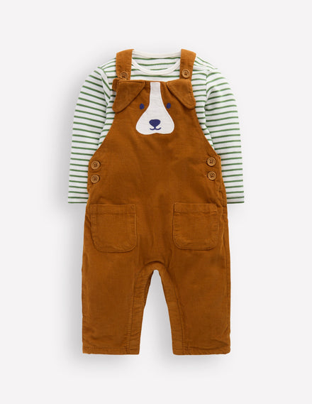 Novelty Cord Overalls Set-Brown Dog