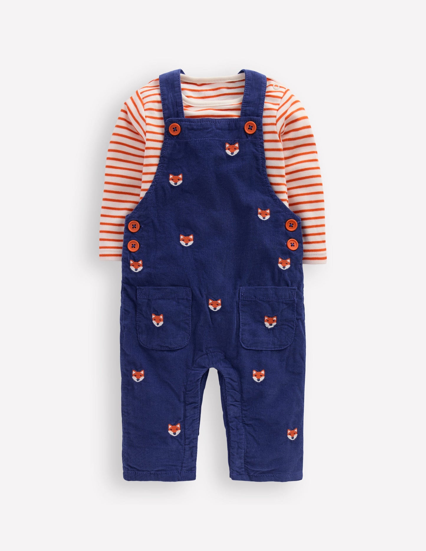 Novelty Cord Overalls Set-Navy Fox Embroidery