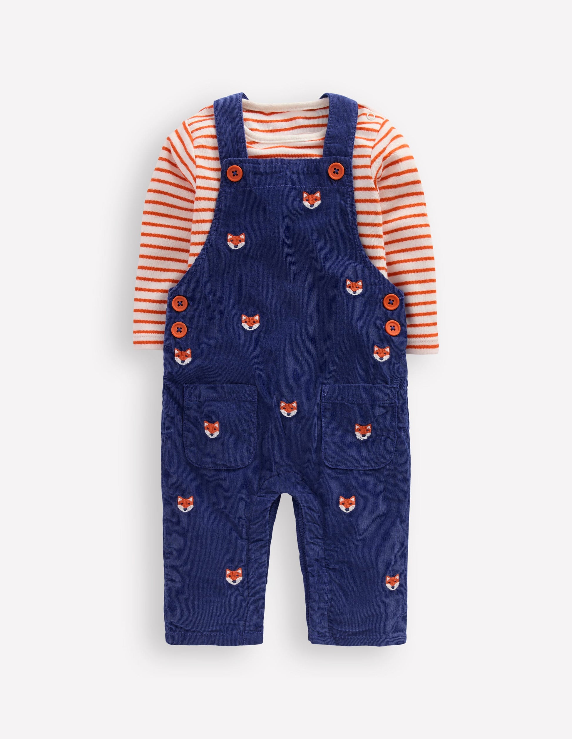 Novelty Cord Overalls Set-Navy Fox Embroidery-1