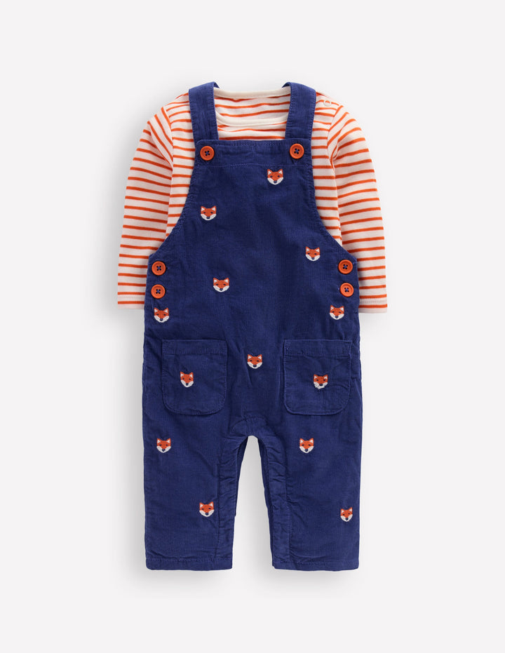 Novelty Cord Overalls Set-Navy Fox Embroidery