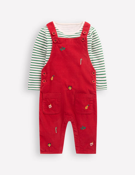 Novelty Cord Overalls Set-Red Christmas Embroidery