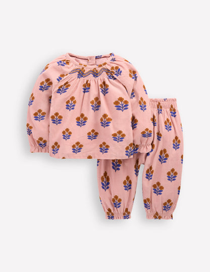 Woven Co-ord Play set-Pink Vintage Woodblock-1