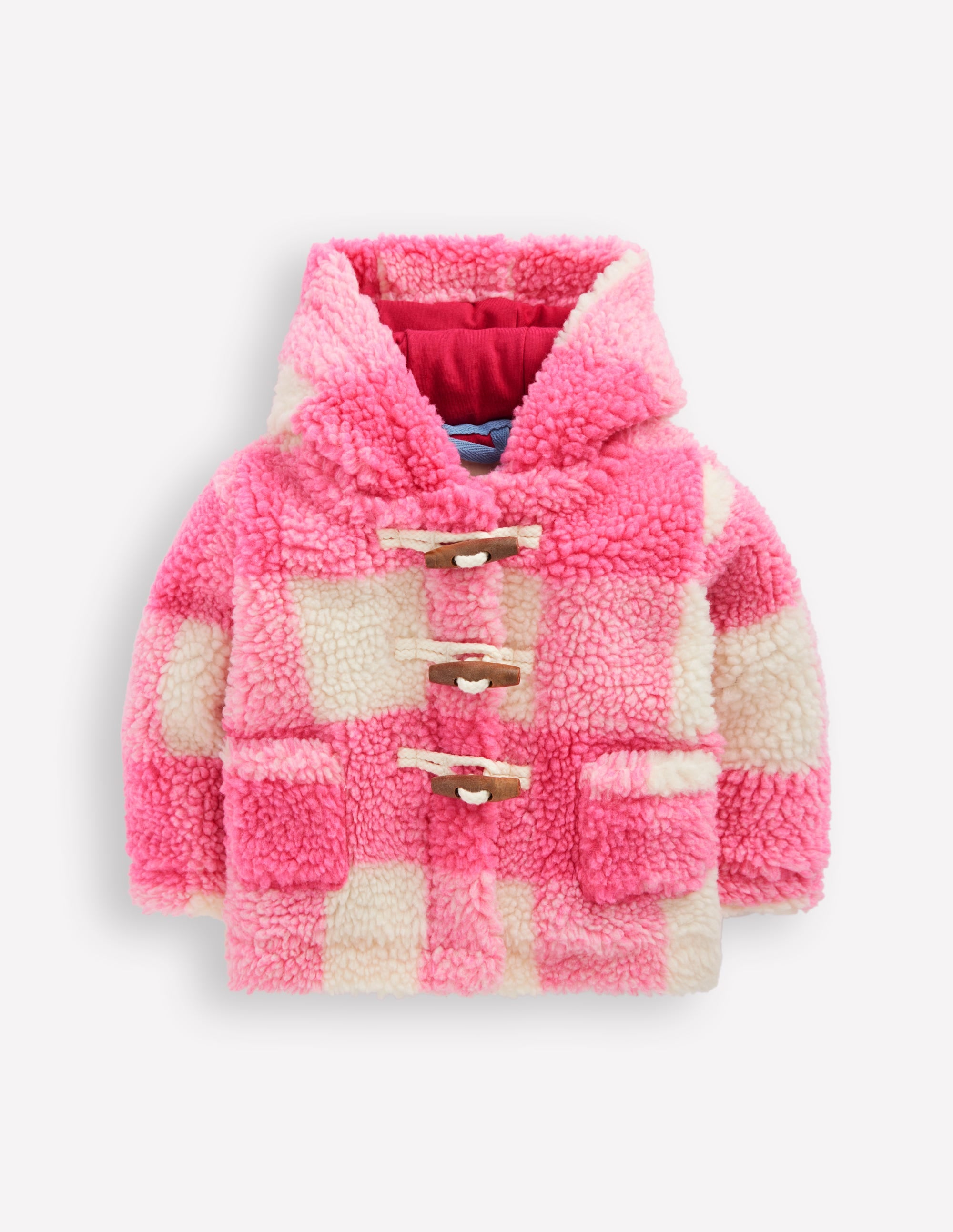 Girls Borg Duffle Coat-Pink Check - Image 1