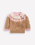 Girls Fair Isle Cable Sweater-Camel Melange Fair Isle