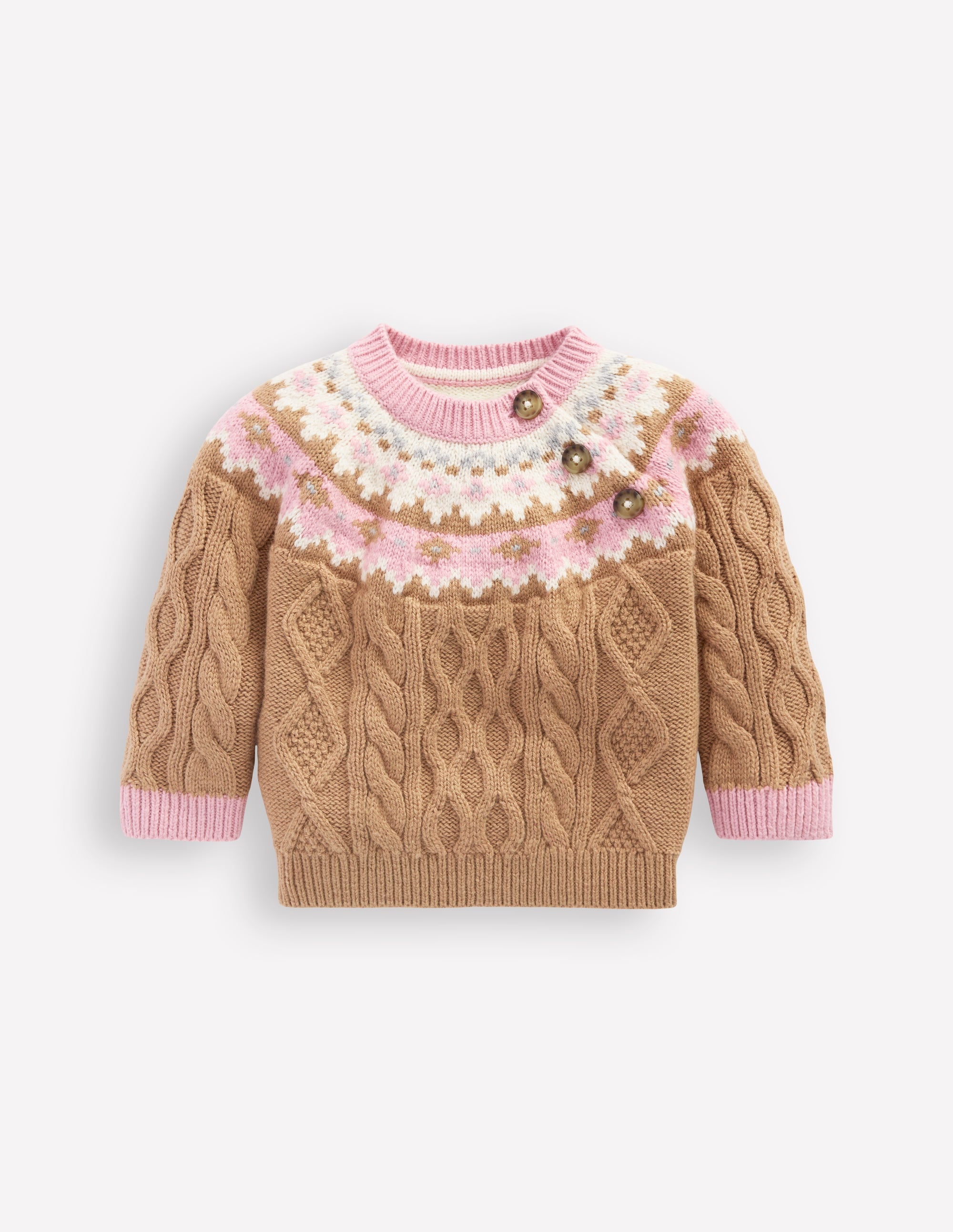 Girls Fair Isle Cable Sweater-Camel Melange Fair Isle - Image 1