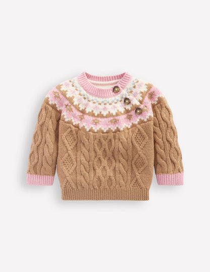 Girls Fair Isle Cable Sweater-Camel Melange Fair Isle-1