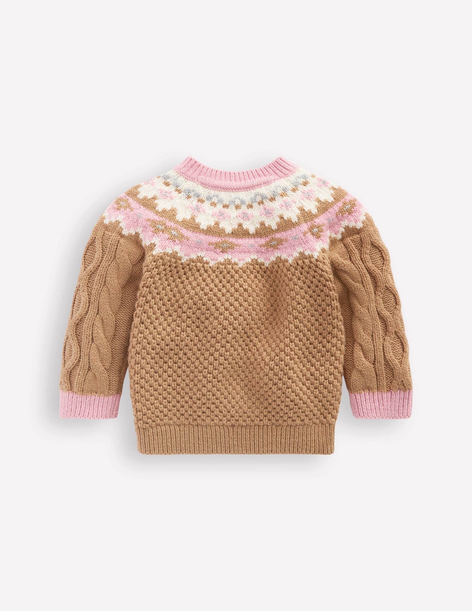 Girls Fair Isle Cable Sweater-Camel Melange Fair Isle-2
