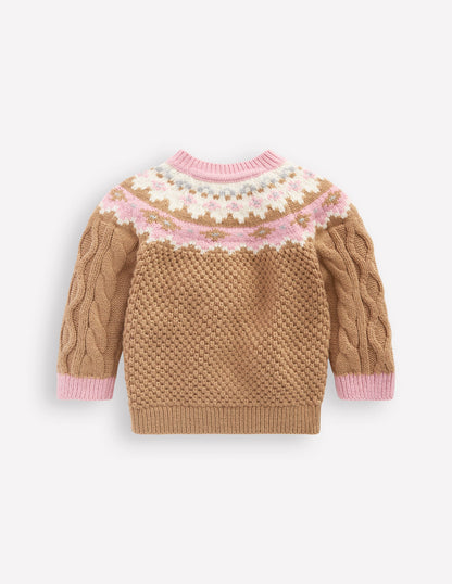 Girls Fair Isle Cable Sweater-Camel Melange Fair Isle-2