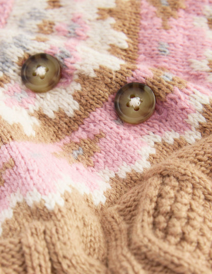 Girls Fair Isle Cable Sweater-Camel Melange Fair Isle-3