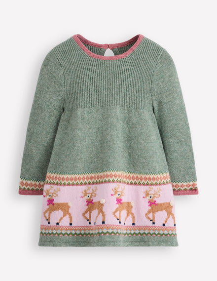 Fair Isle Knitted Dress-Eucalyptus Reindeer Fair Isle
