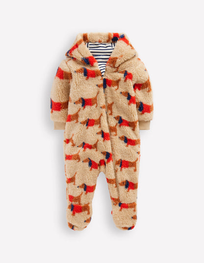 Printed Fleece Pramsuit-Oatmeal/Mars Red Sausage Dogs-1