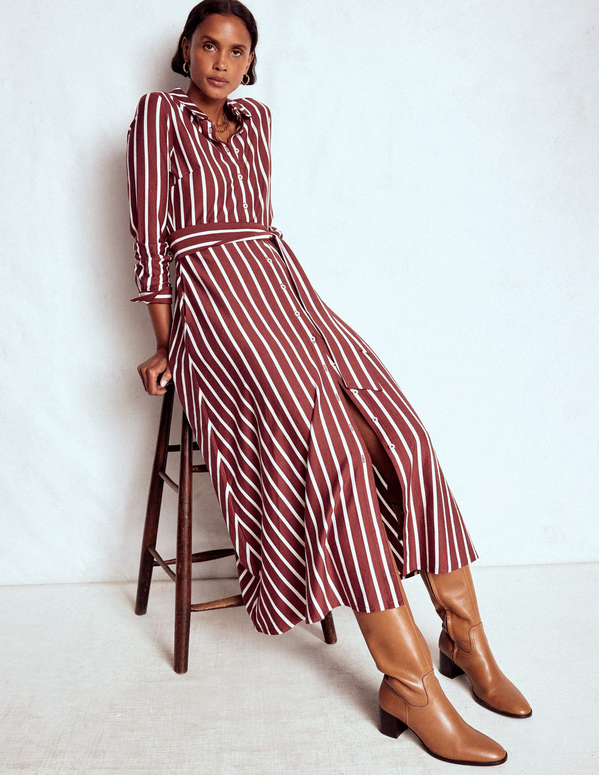 Marcia Jersey Shirt Dress-Burnt Orange, Painted Dot - Image 1