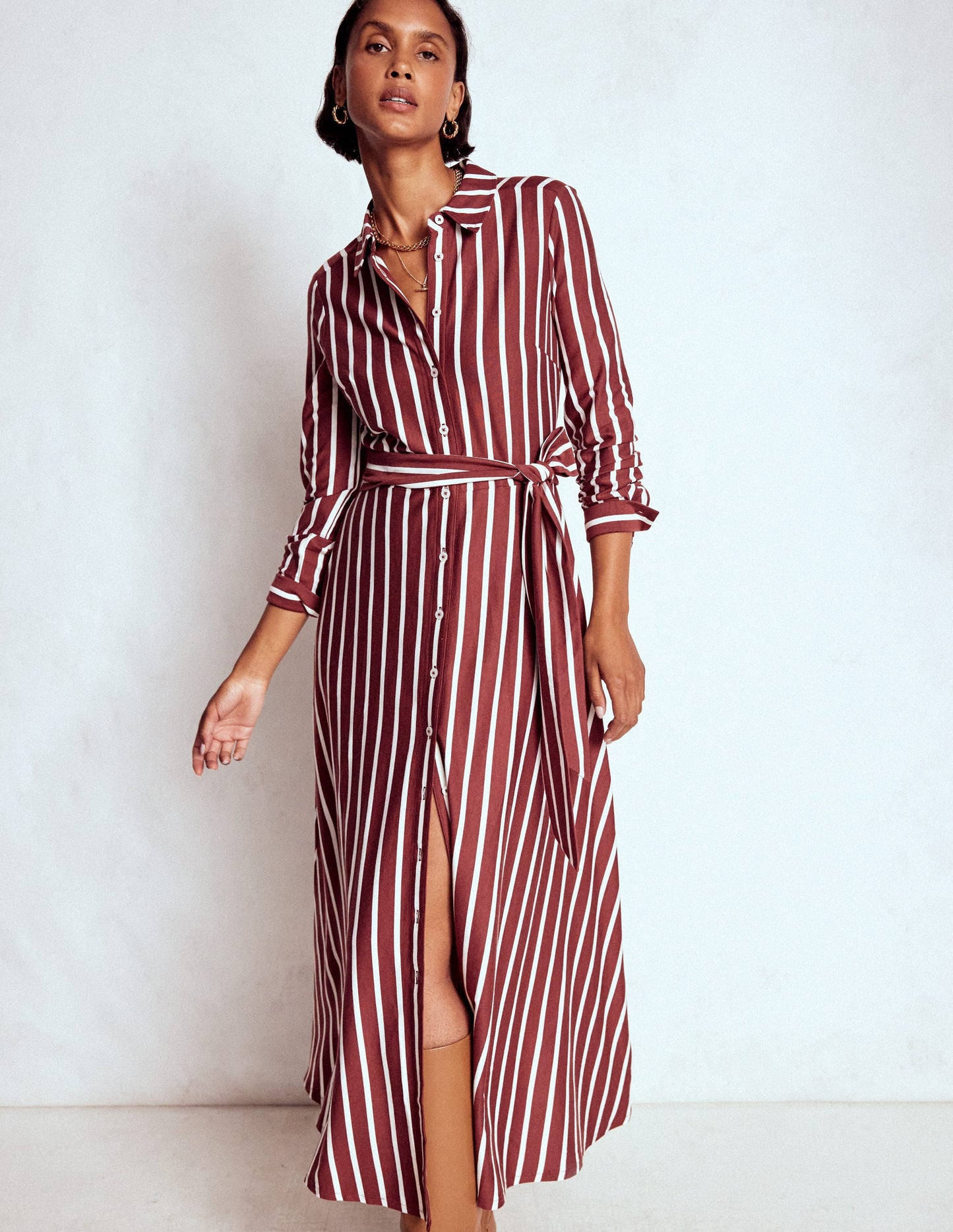 Marcia Jersey Shirt Dress-Chestnut and Ivory Stripe