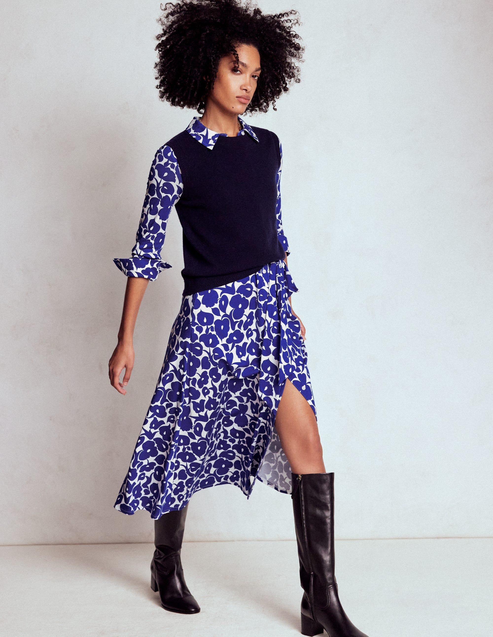 Marcia Jersey Shirt Dress-Bright Blue, Leafy Grove - Image 5
