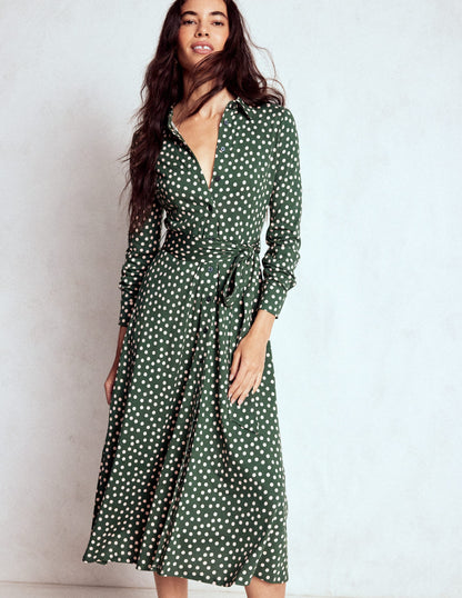 Marcia Jersey Shirt Dress-Hunter Green, Painted Dot-1