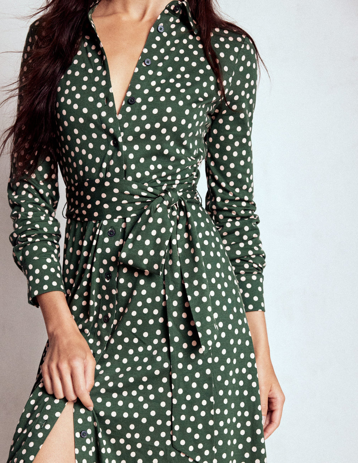 Marcia Jersey Shirt Dress-Hunter Green, Painted Dot - Image 2