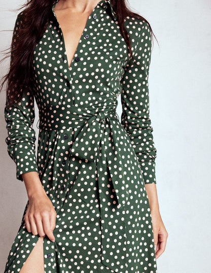 Marcia Jersey Shirt Dress-Hunter Green, Painted Dot-2