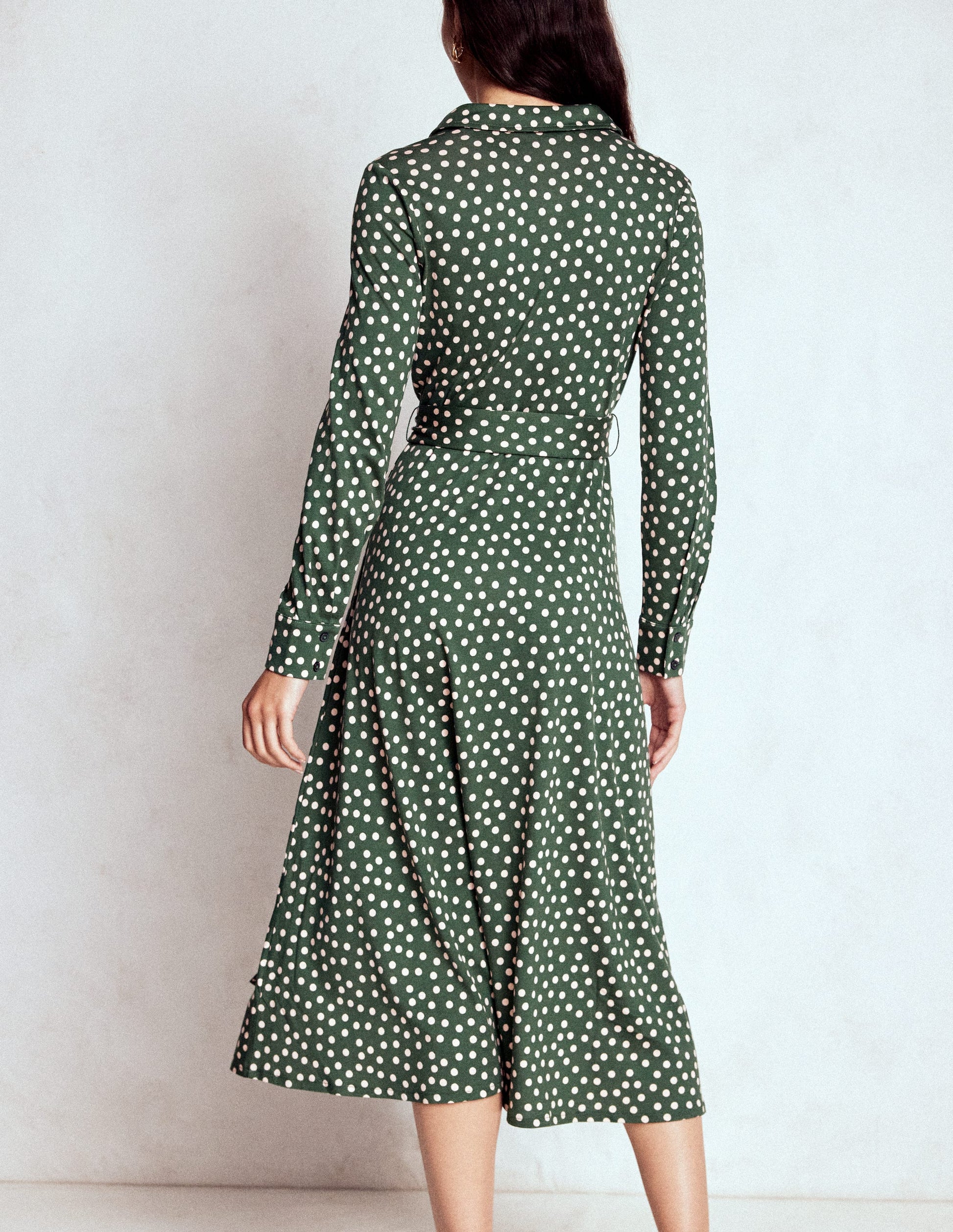 Marcia Jersey Shirt Dress-Hunter Green, Painted Dot-3