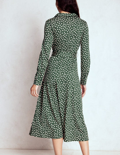 Marcia Jersey Shirt Dress-Hunter Green, Painted Dot-3