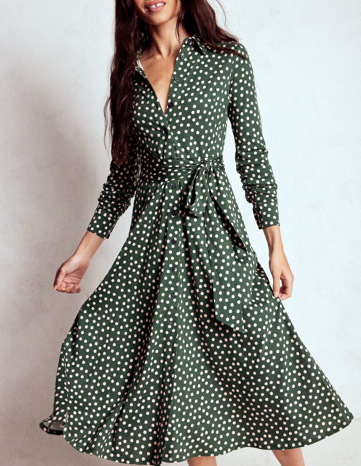 Marcia Jersey Shirt Dress-Hunter Green, Painted Dot