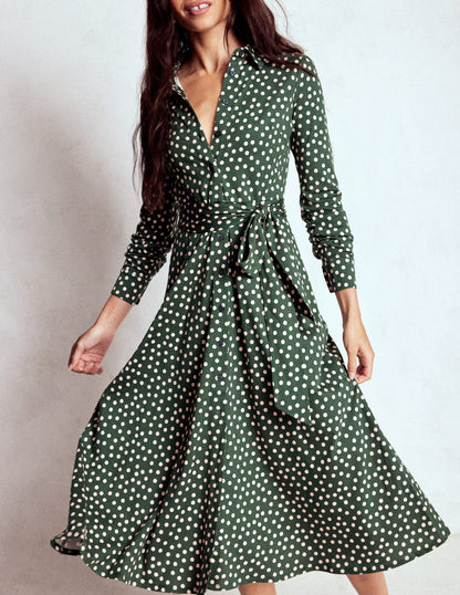 Marcia Jersey Shirt Dress-Hunter Green, Painted Dot-4
