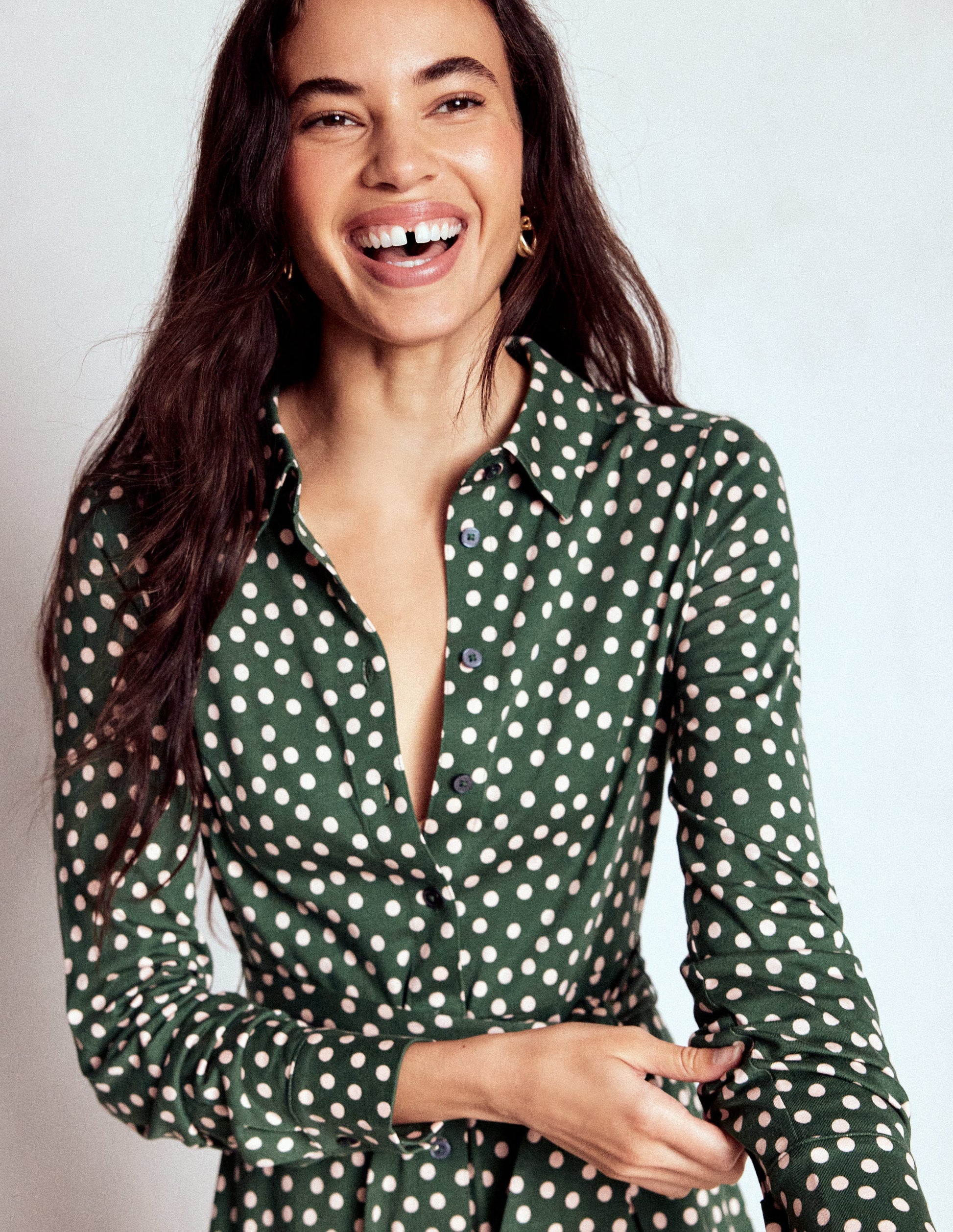 Marcia Jersey Shirt Dress-Hunter Green, Painted Dot-5