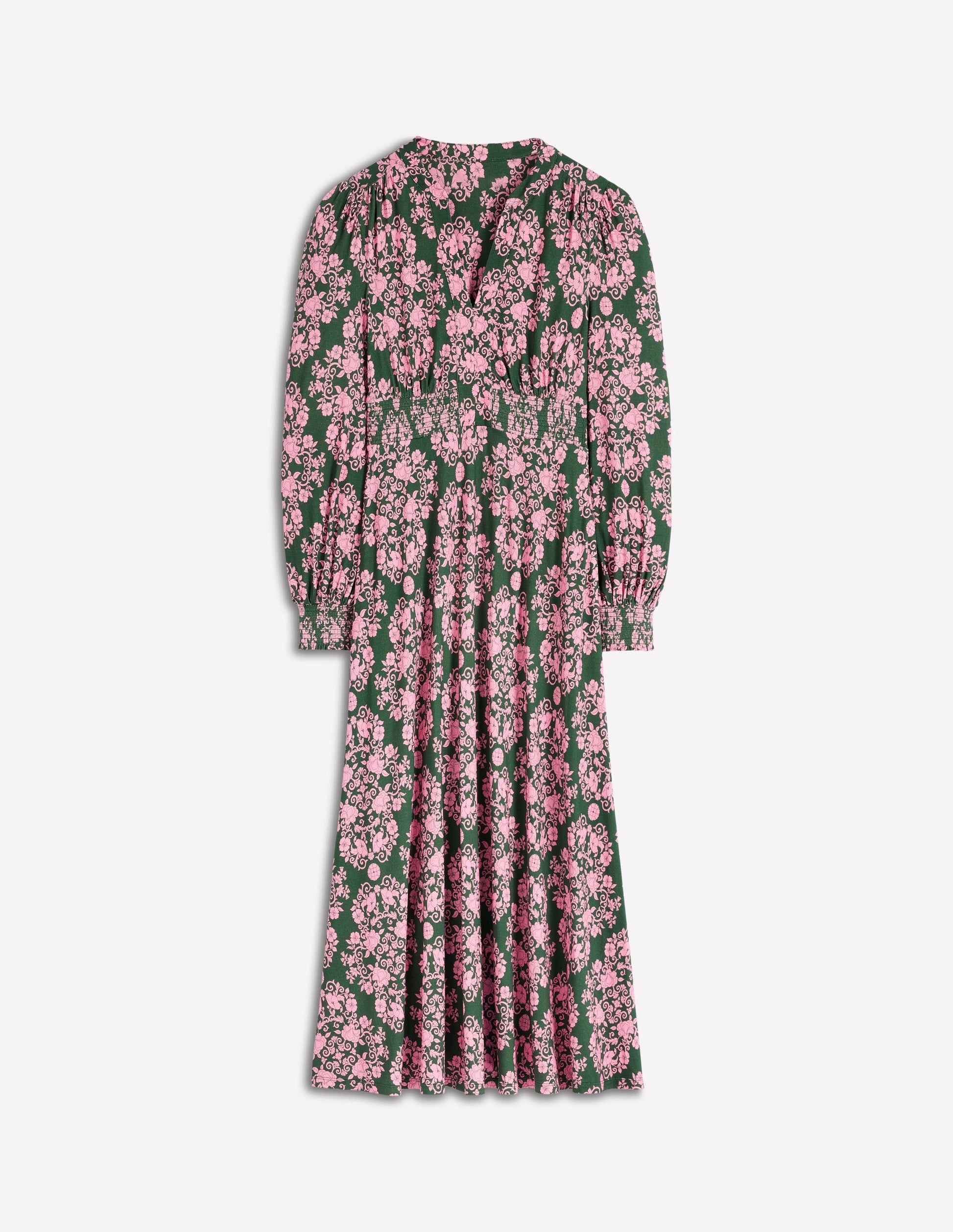 Ivy Smocked Midi Dress-Green, Ornamental Lattice-5