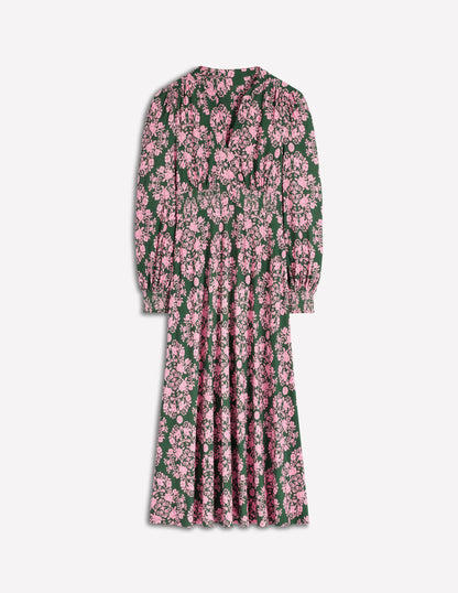 Ivy Smocked Midi Dress-Green, Ornamental Lattice-5