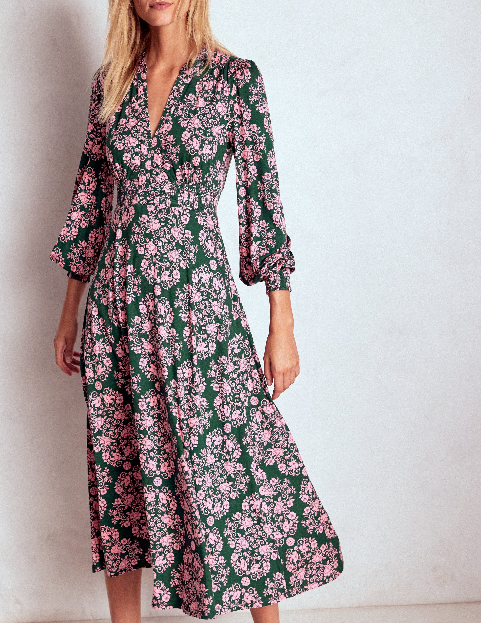 Ivy Smocked Midi Dress-Green, Ornamental Lattice-3