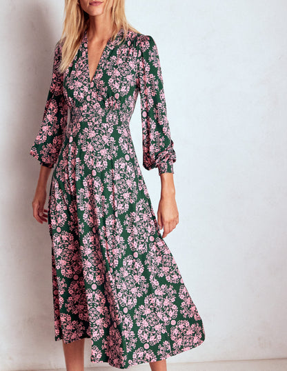 Ivy Smocked Midi Dress-Green, Ornamental Lattice-3