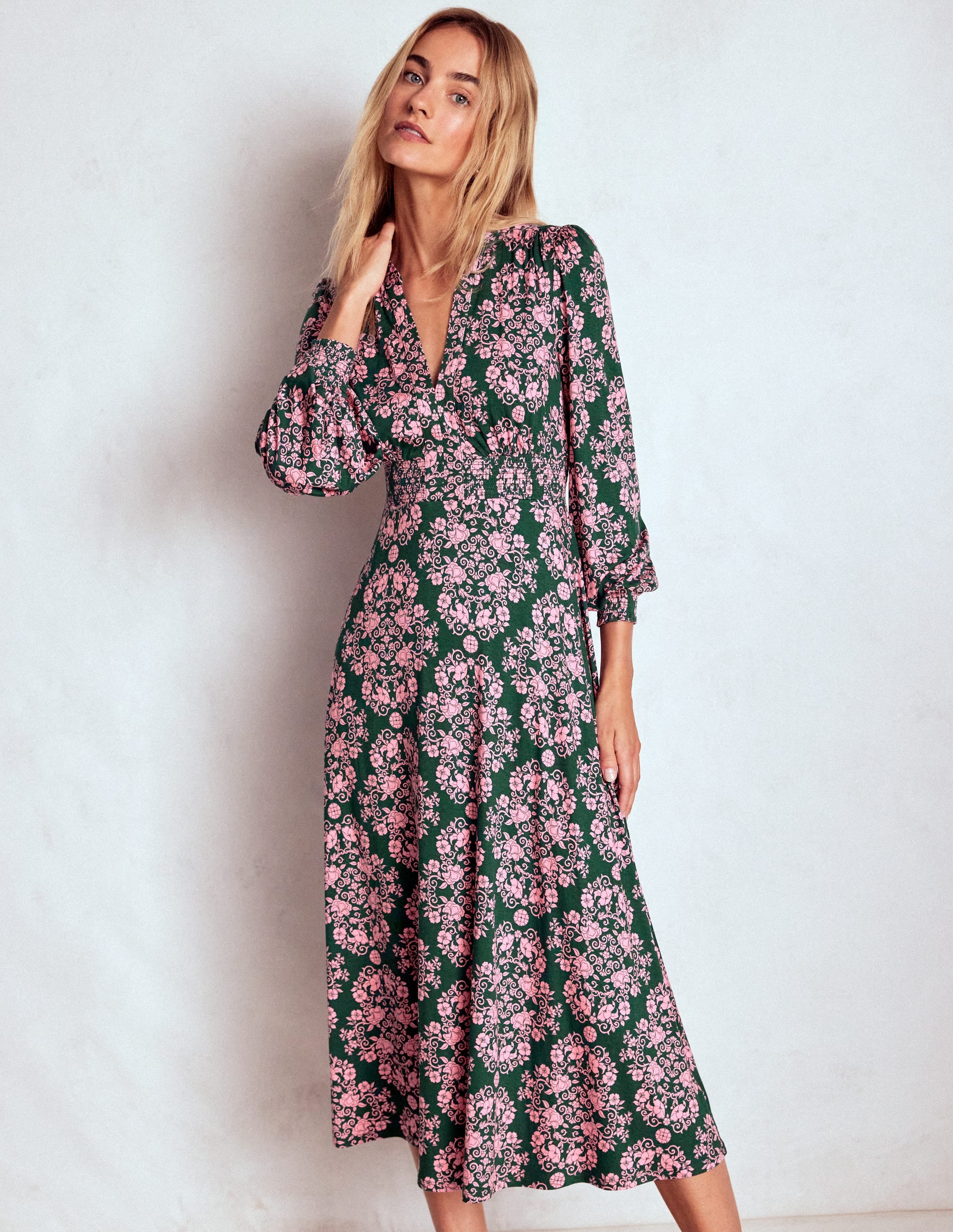 Ivy Smocked Midi Dress-Green, Ornamental Lattice | Boden USA