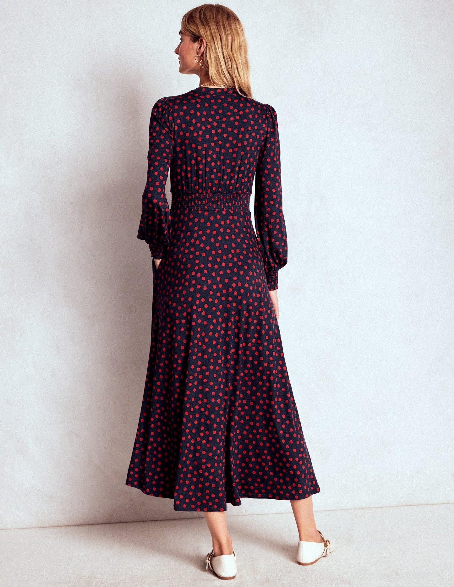 Ivy Smocked Midi Dress-French Navy, Painted Dot