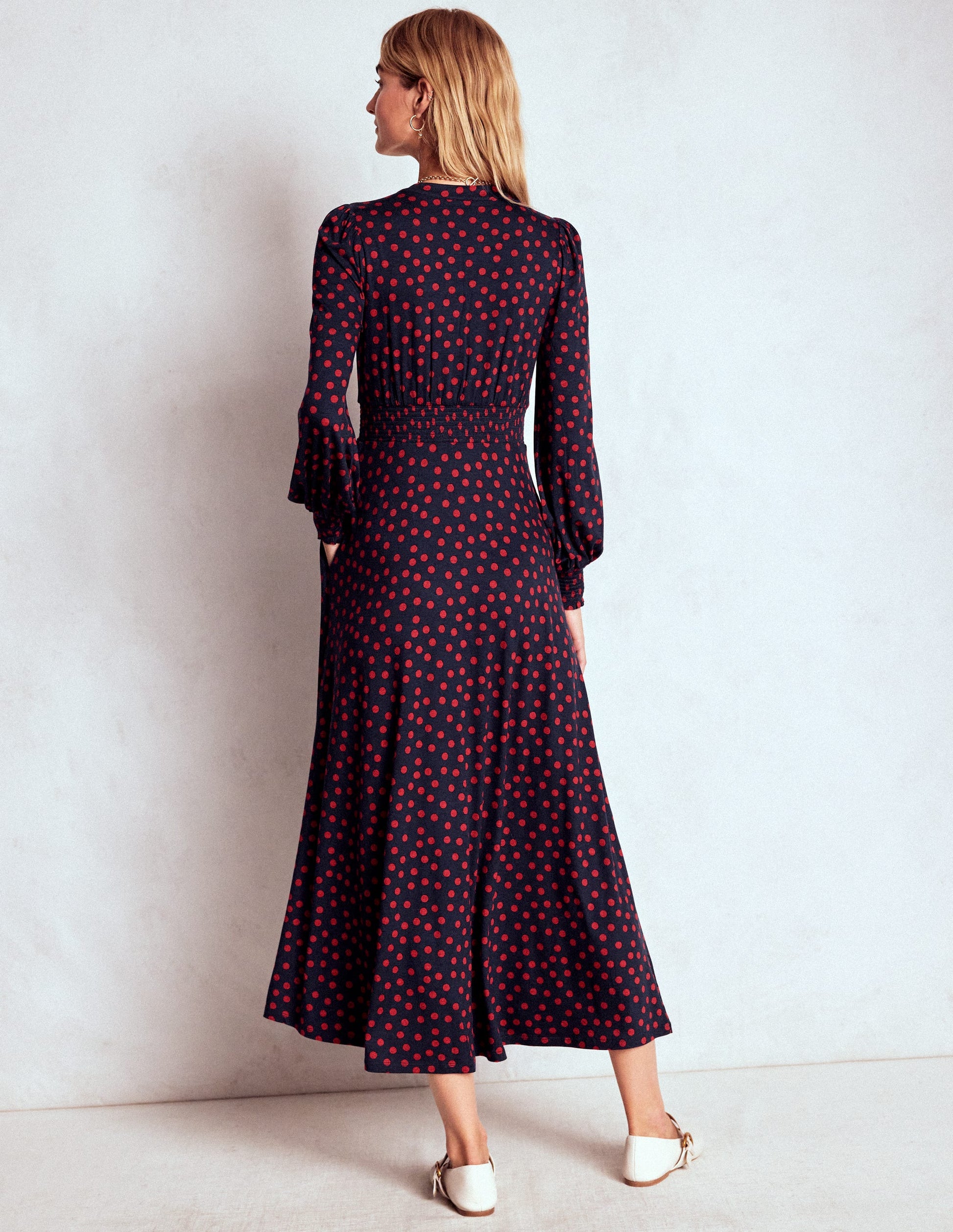 Ivy Smocked Midi Dress-French Navy, Painted Dot-4