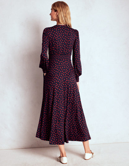 Ivy Smocked Midi Dress-French Navy, Painted Dot-4