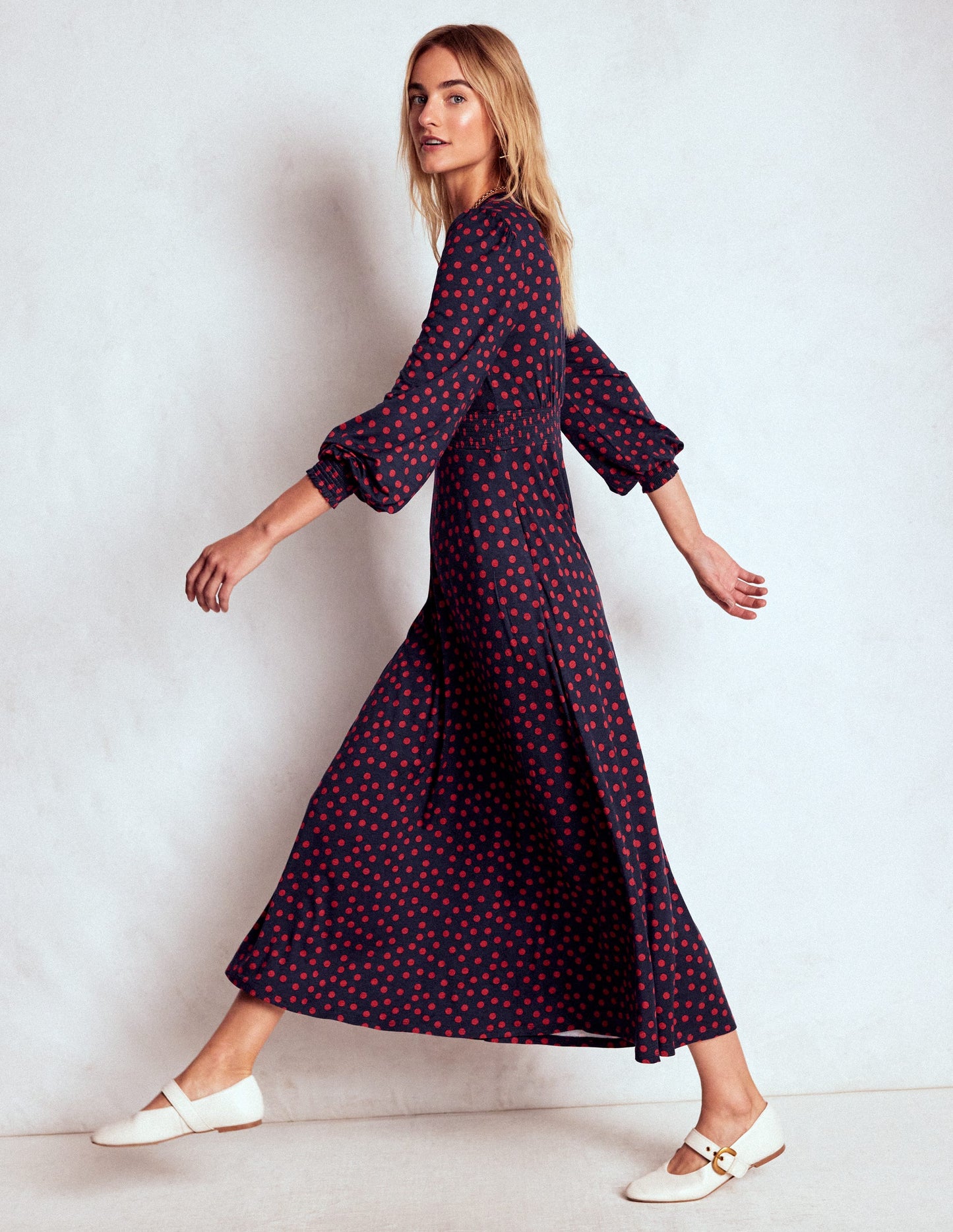 Ivy Smocked Midi Dress-French Navy, Painted Dot