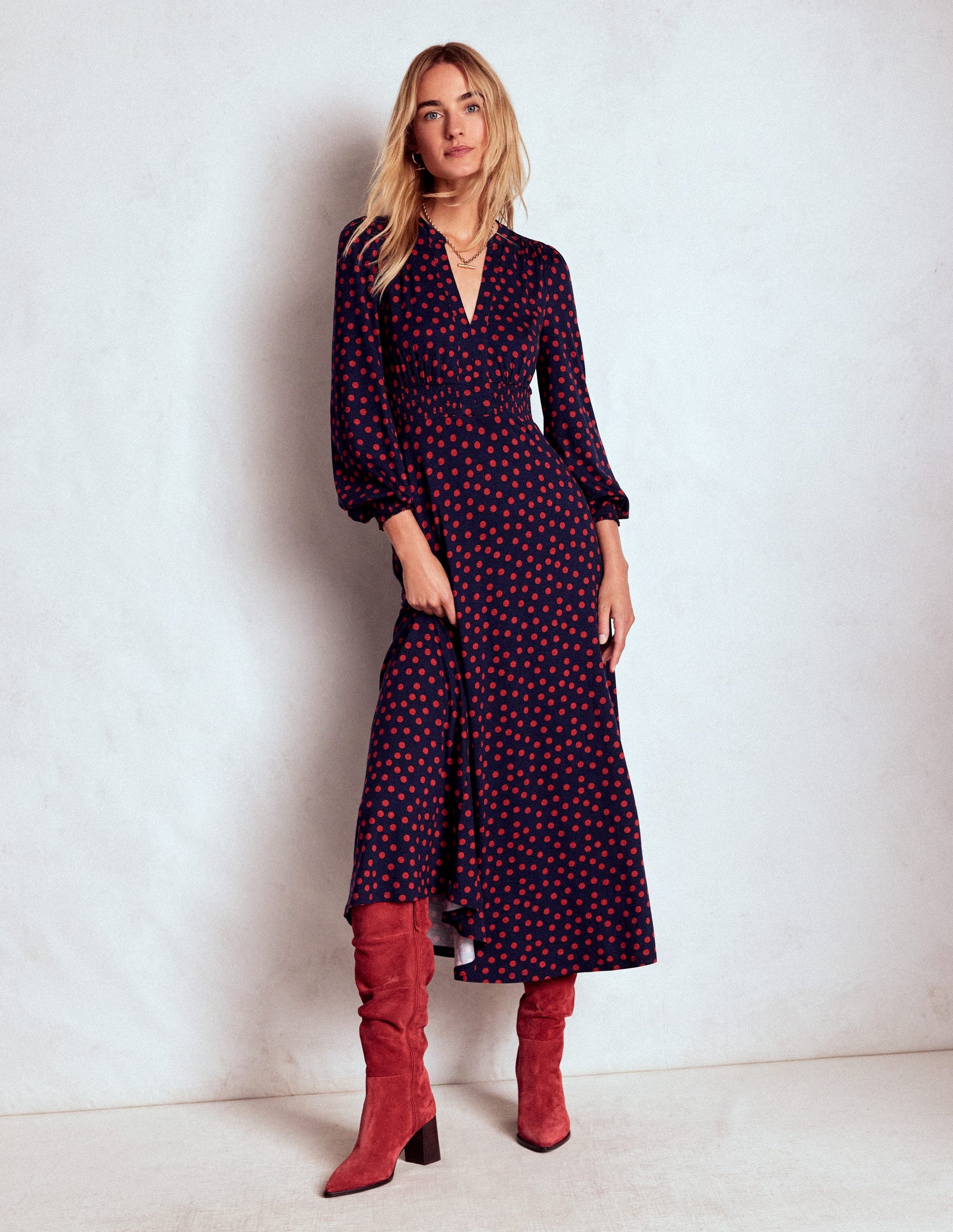 Ivy Smocked Midi Dress-French Navy, Painted Dot-1