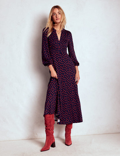 Ivy Smocked Midi Dress-French Navy, Painted Dot-1