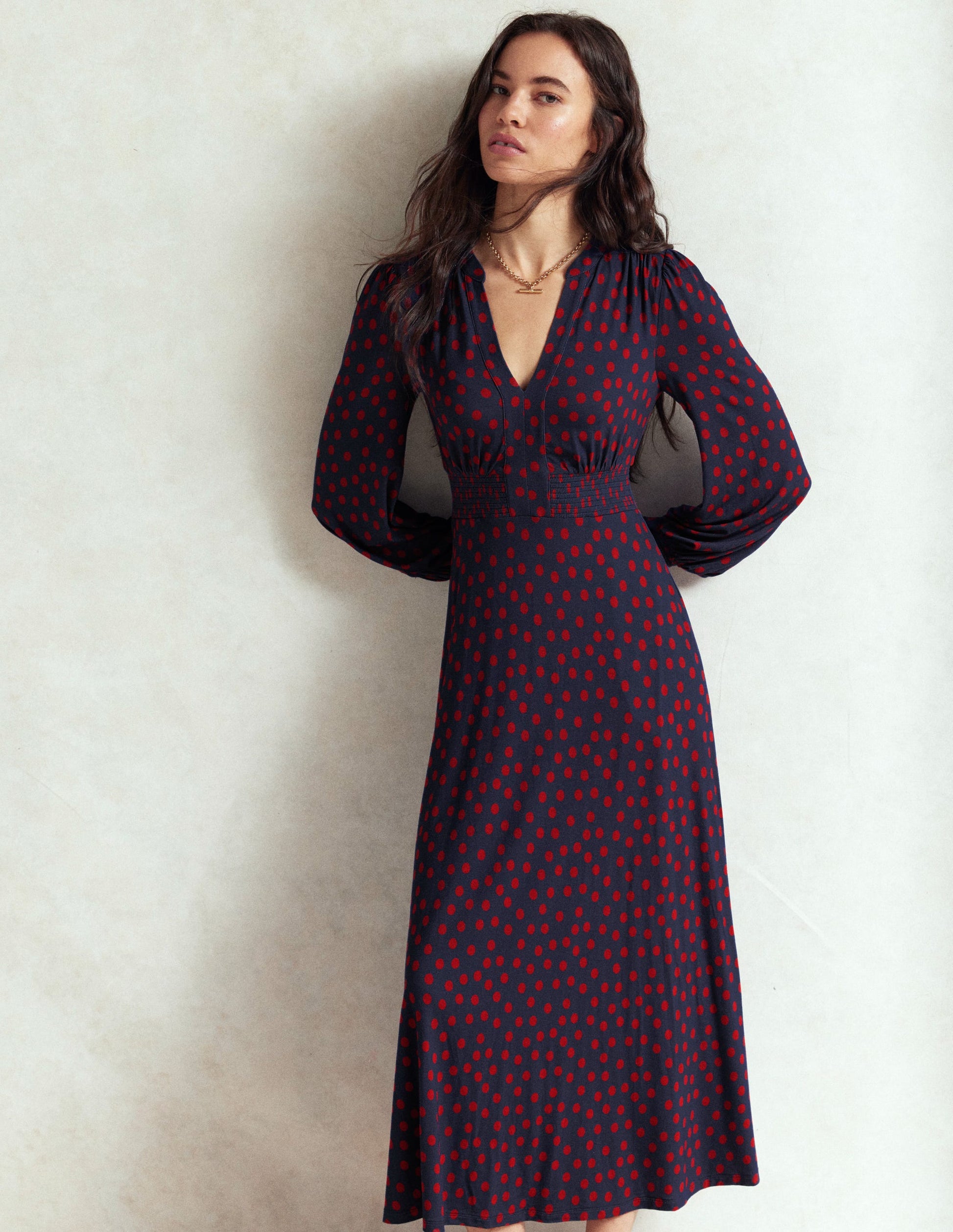 Ivy Smocked Midi Dress-French Navy, Painted Dot-6