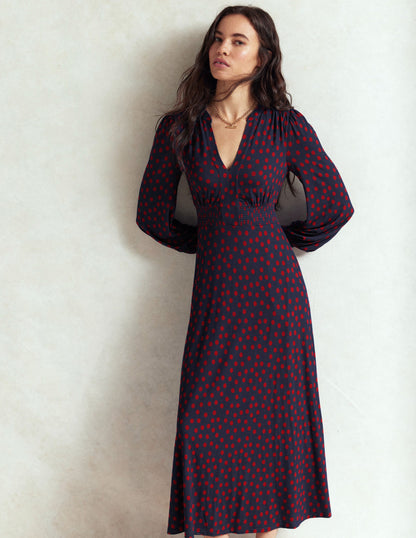 Ivy Smocked Midi Dress-French Navy, Painted Dot-6