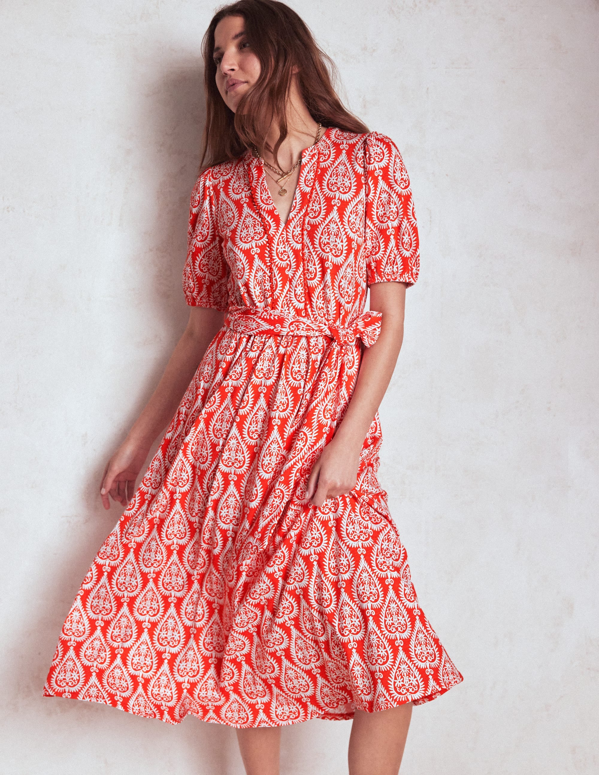 Sofia Trim Jersey Midi Dress-Firecracker Red, Ornate Geo - Image 1