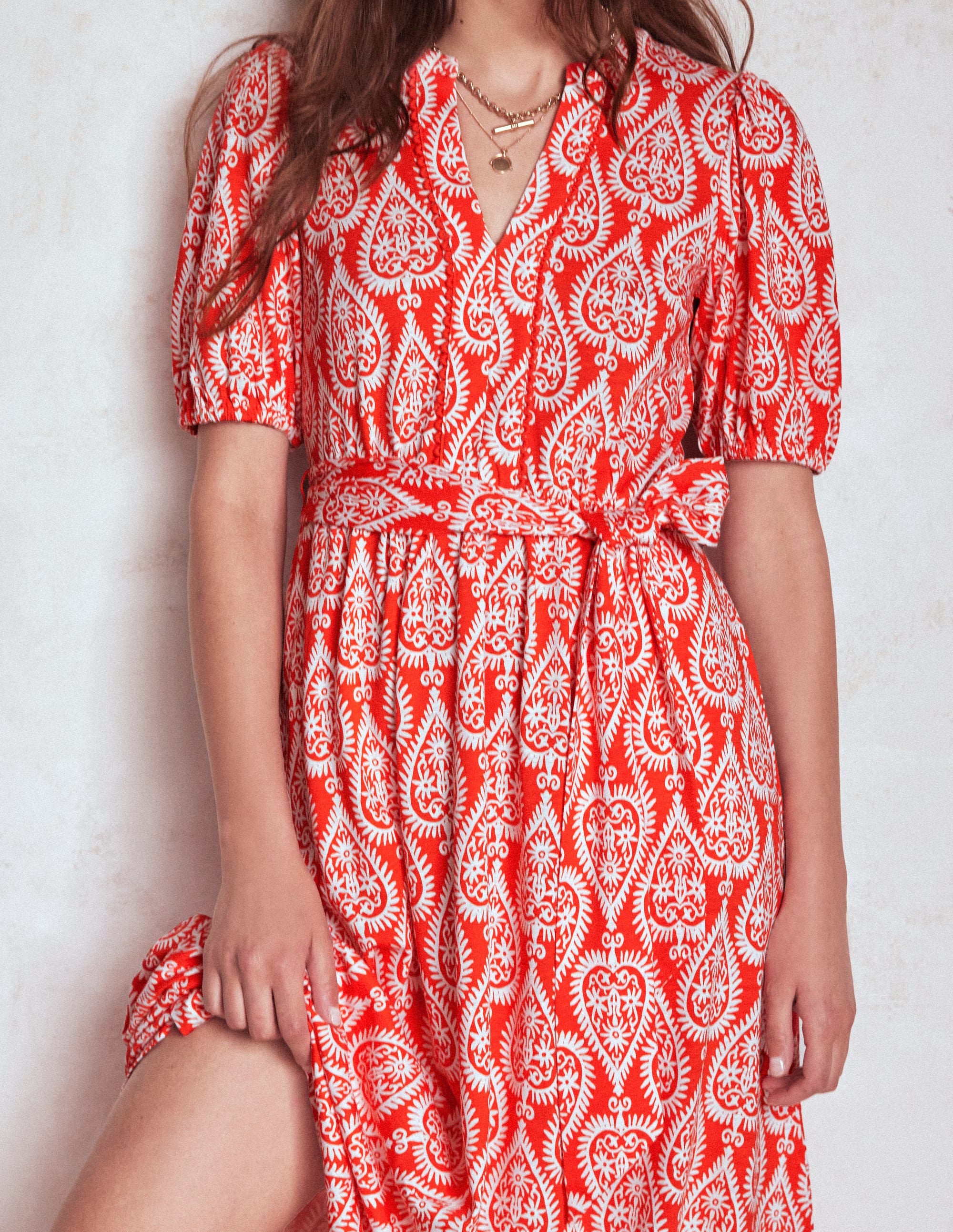 Sofia Trim Jersey Midi Dress-Firecracker Red, Ornate Geo - Image 2