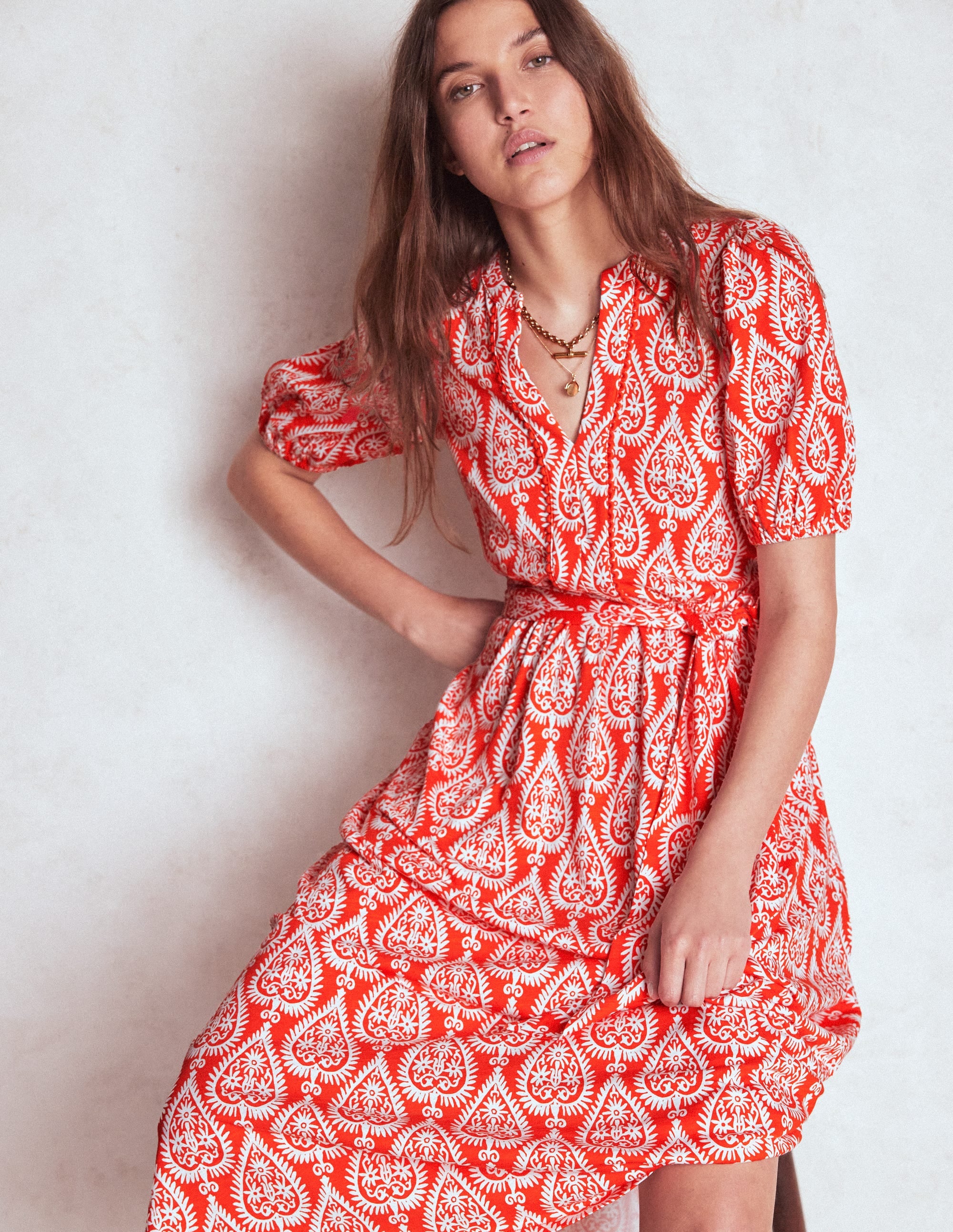 Sofia Trim Jersey Midi Dress-Firecracker Red, Ornate Geo - Image 4